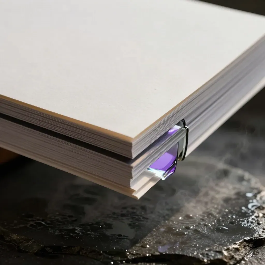 Matte audit folio, dividers and glass weight hovering above wet dark stone with violet glint.