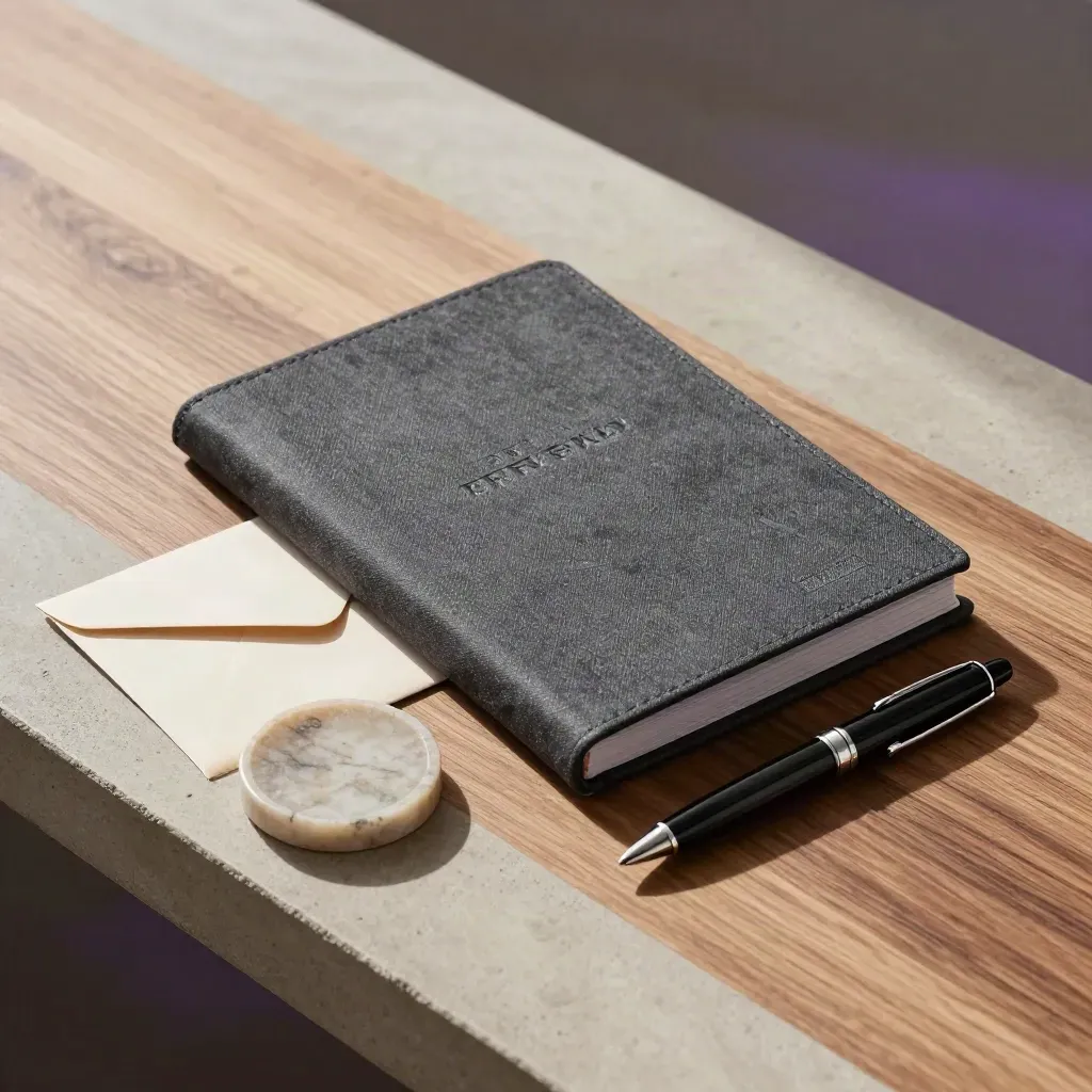 Executive team-day folio, envelope, stone coaster and pen arranged on concrete with soft shadows.