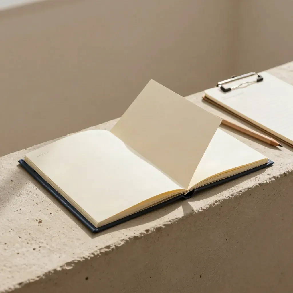 Messaging audit kit on a plaster ledge with folded cards, notepad and pencil.
