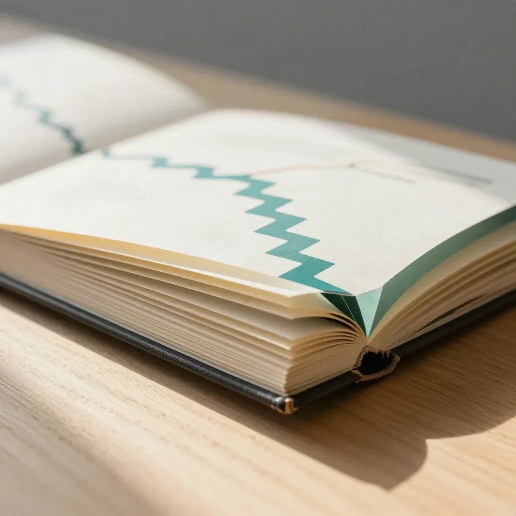 Accordion roadmap booklet with teal tabs on pale oak, lit in a soft macro product shot.