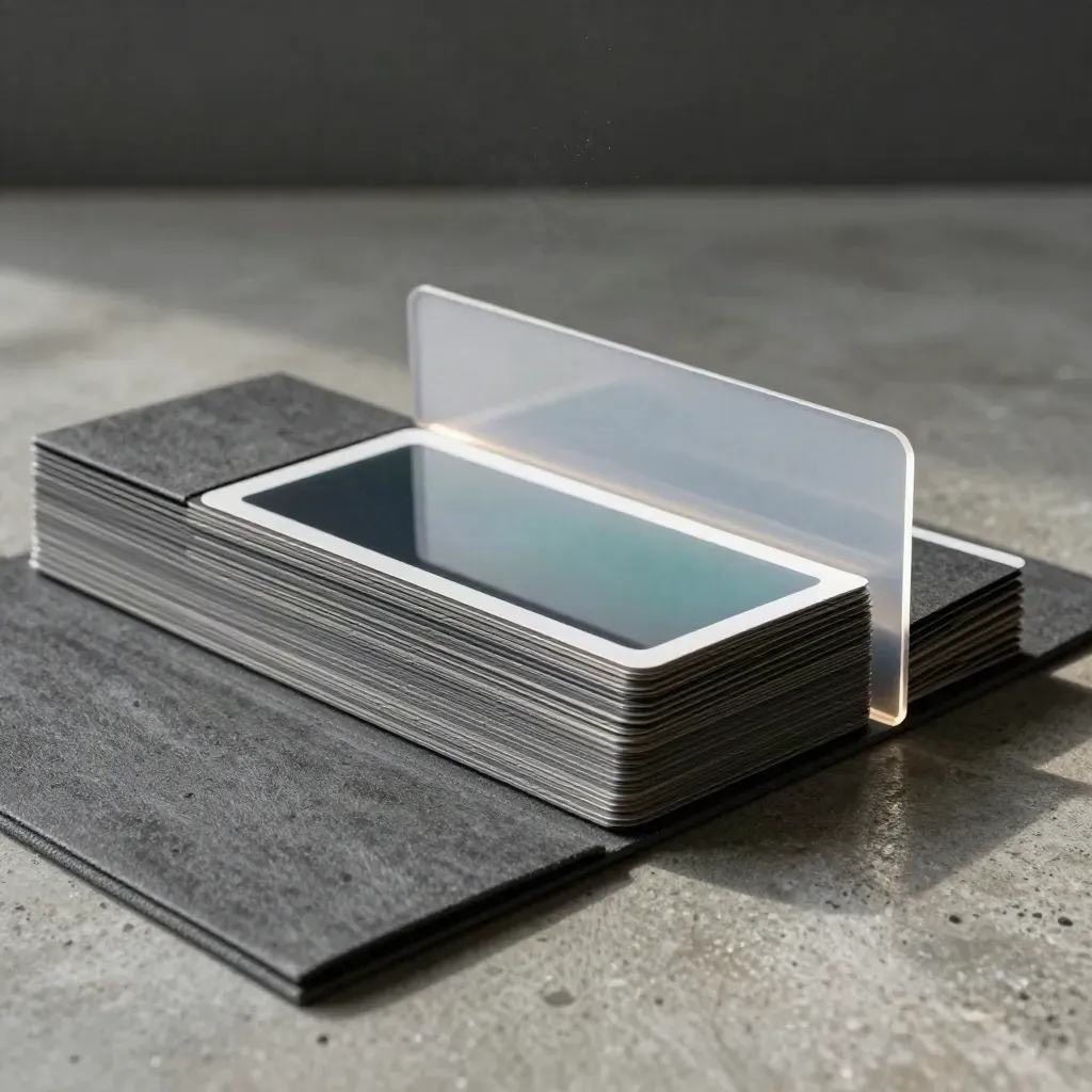 Charcoal pitch deck materials fanned on concrete, one acetate divider catching light.