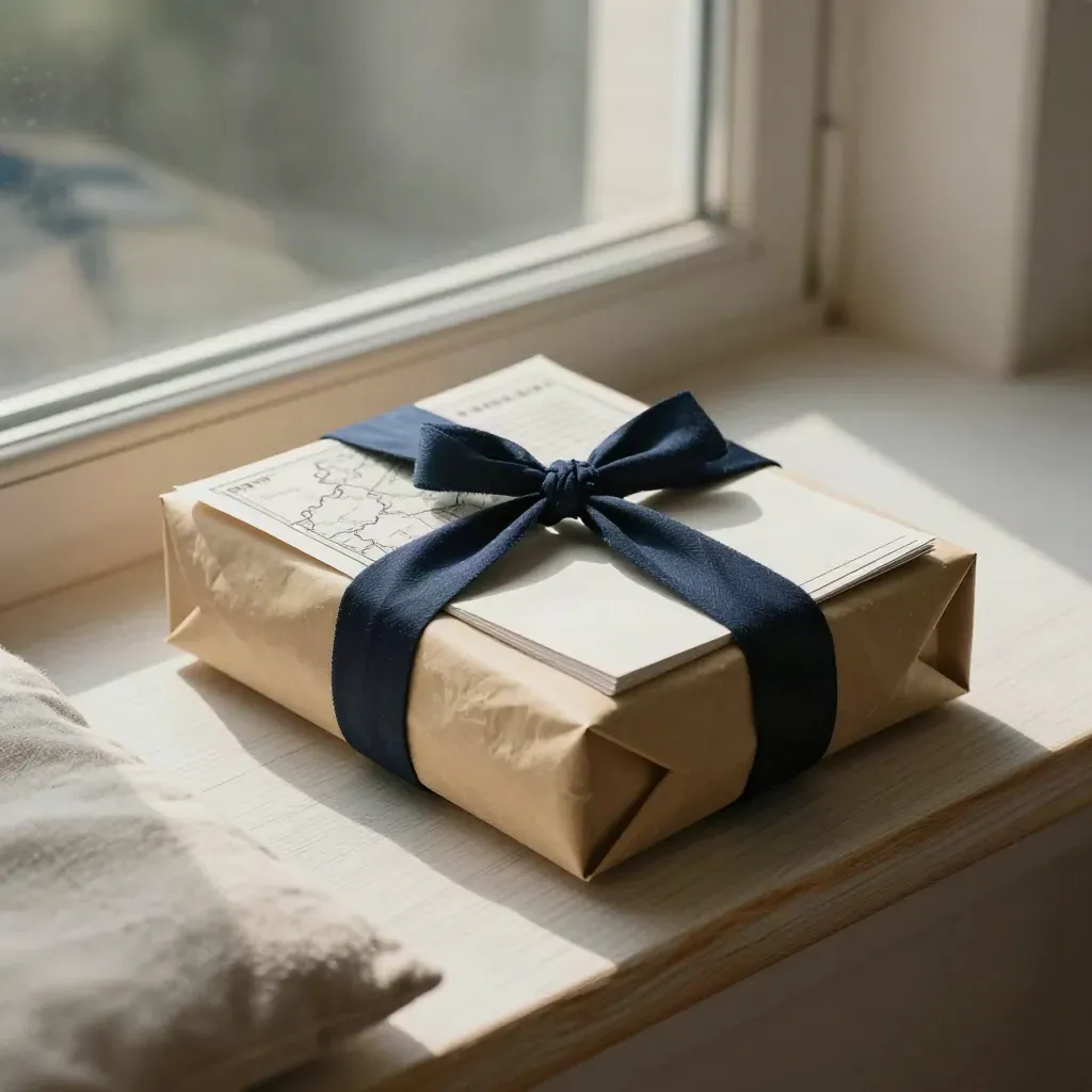 Sealed market report packet on a window seat with folded map paper and navy cloth wrap