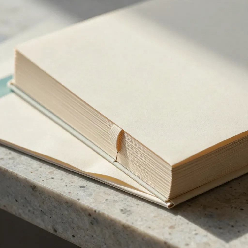 Macro of a blank brand voice guide folio with edge-painted pages on travertine and linen, softly lit.