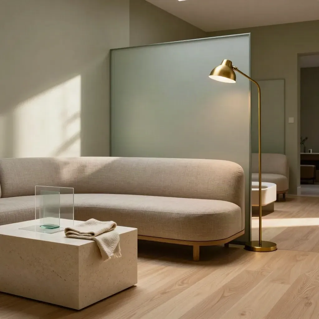 Oak-lined advisory lounge with curved sofa, frosted partition and brass lamp in soft late light.